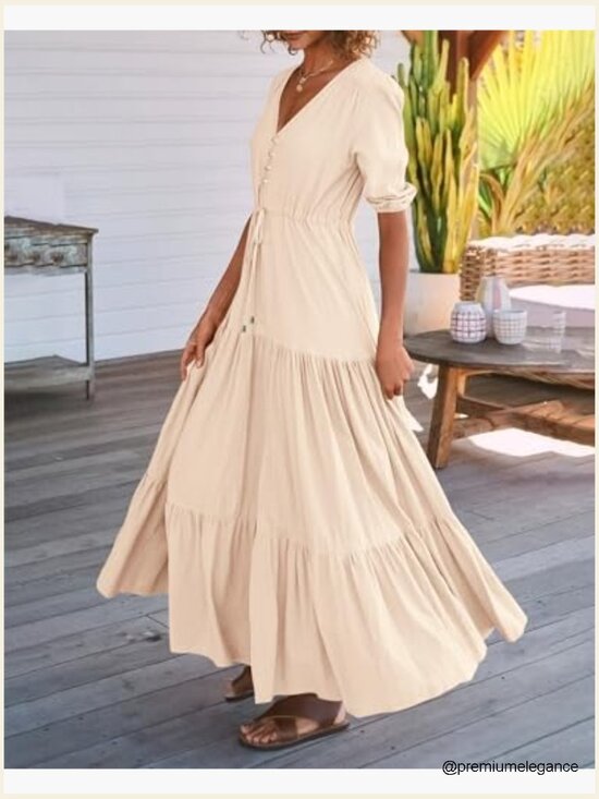 Short Sleeve V-Neck Maxi Dress with Drawstring Waist, Boho Style - Picture 4 of 7